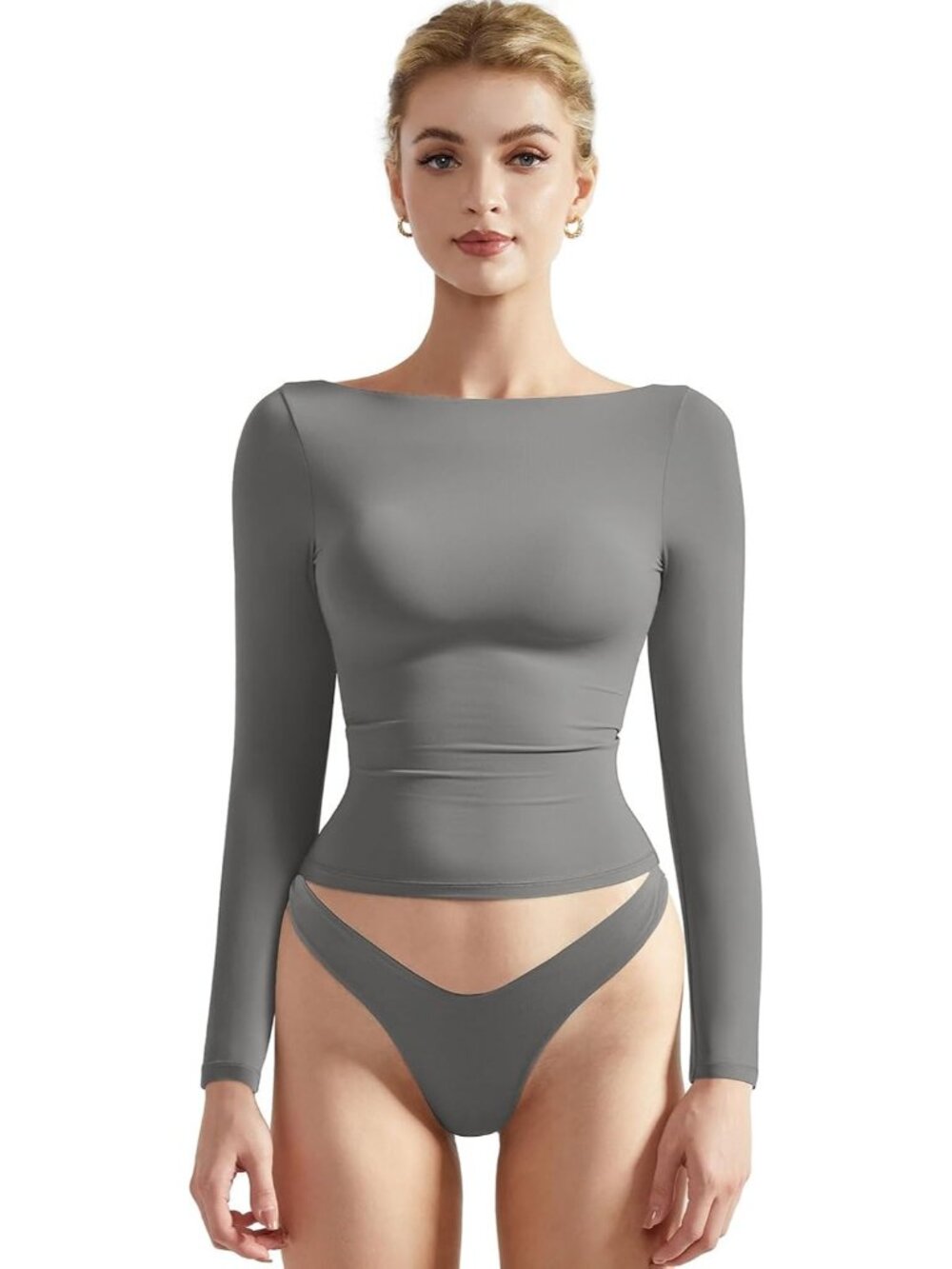 Women's Gray Crew Neck Long Sleeve Crop Top Double Lined Fitted Shirt
